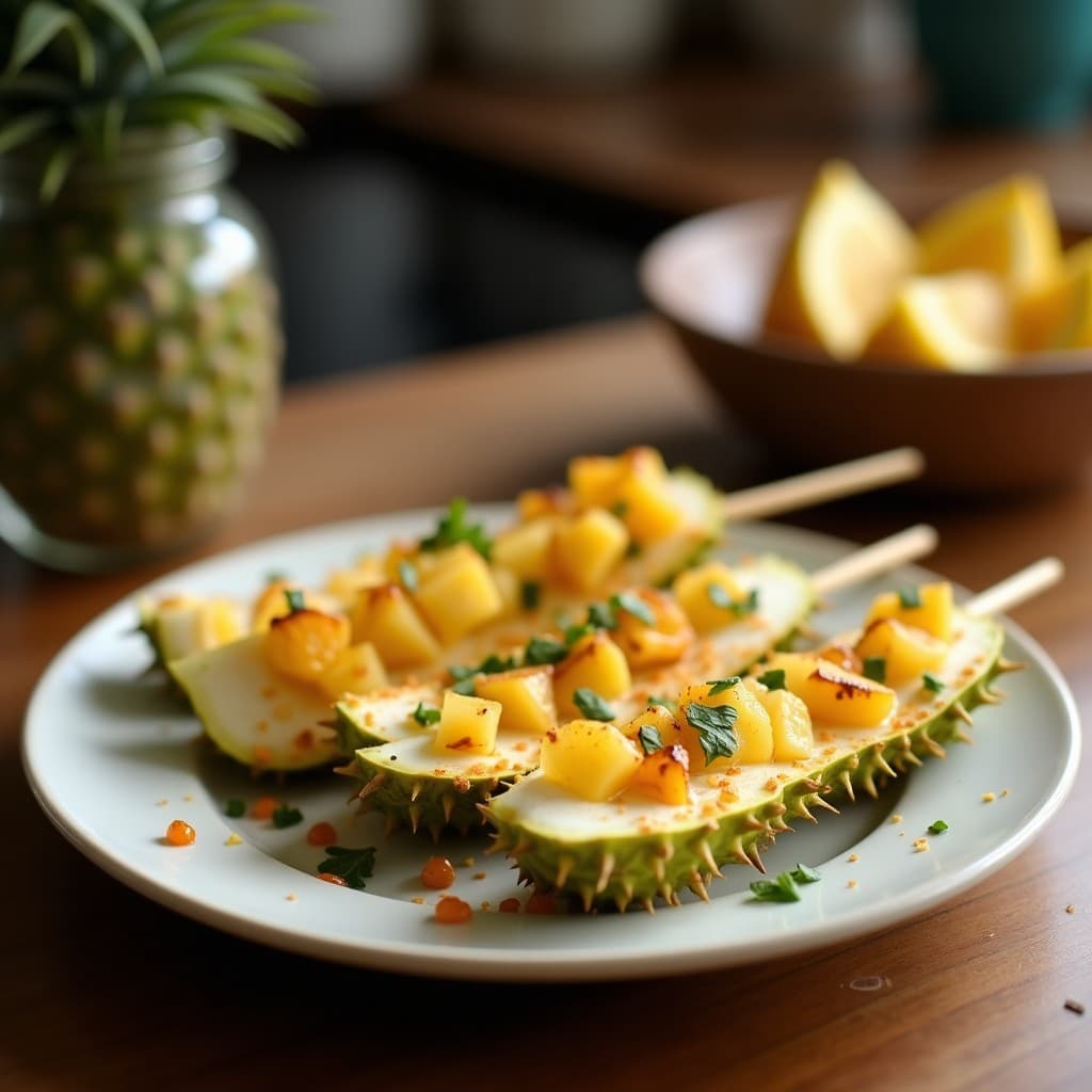 Brochetas de Durian y Bacon de Coco: Postre Asiático Dulce-Salado en Grill