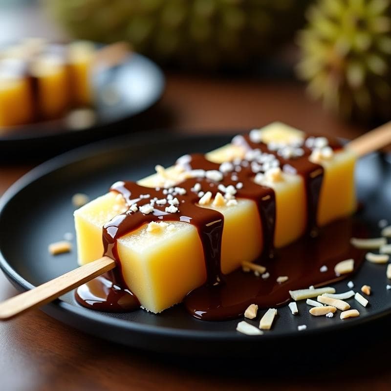 Brochetas de Durian Congelado con Salsa de Chocolate Amargo: Postre Tailandés Audaz y Cremoso