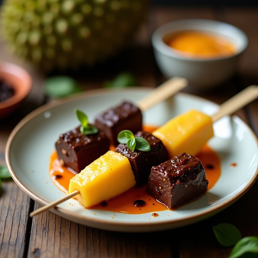 Brochetas de Durian y Chocolate Negro con Salsa de Chile: Postre Malasio Dulce-Picante