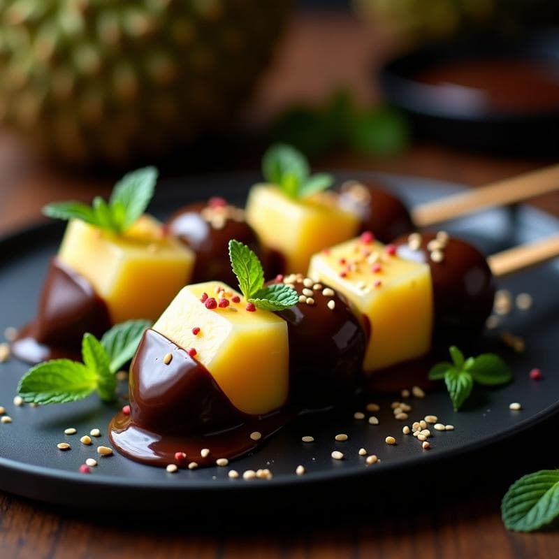 Brochetas de Durian y Chocolate Negro: Postre Exótico Sin Azúcar con Toque Asiático