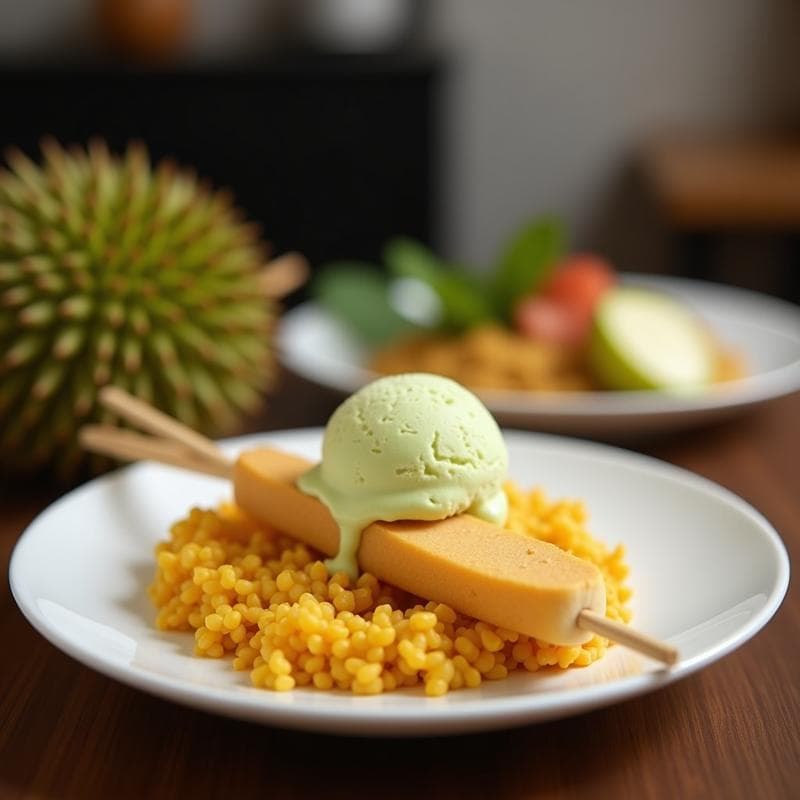 Brochetas de Durian y Coco: Postre Exótico Tailandés con Helado de Matcha