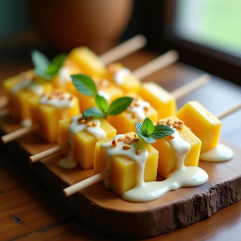 Brochetas de Durian y Leche Condensada: Postre Tailandés Exótico y Cremoso
