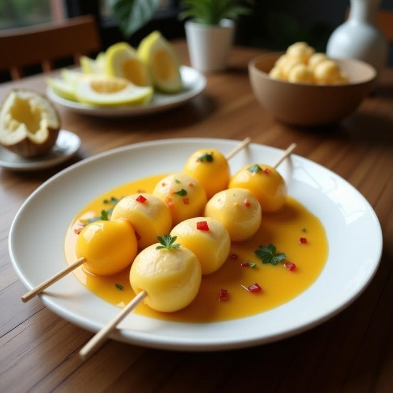 Brochetas de Durian y Mango: Postre Exótico en Airfryer con Salsa de Coco