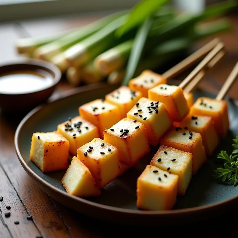 Brochetas de Durian y Queso azul vegano: Receta Tailandesa Audaz en Airfryer con Miel de Agave