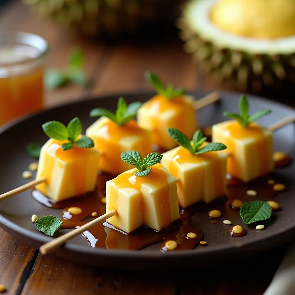 Brochetas de Durian y Queso Brie con Salsa de Miel y Sésamo: Aperitivo Asiático Gourmet
