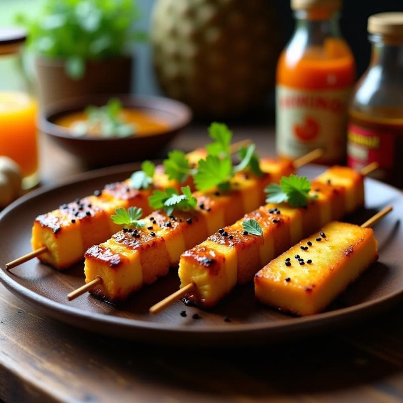 Brochetas de Durian y Tofu: Receta Tailandesa Dulce-Salada en Airfryer con Glaseado de Tamarindo