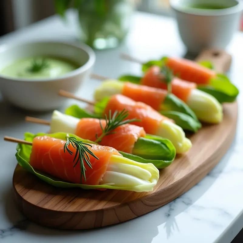 Brochetas de Endibia y Salmón Ahumado con Salsa de Eneldo: Receta Escandinava Keto