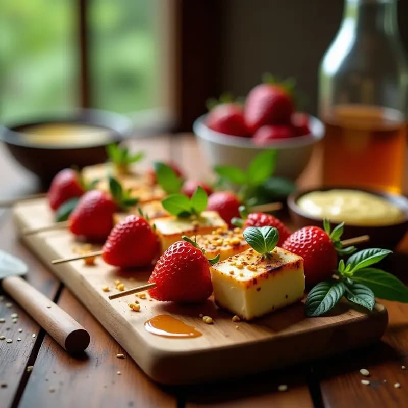 Brochetas de Fresa, Queso Halloumi y Albahaca con Glaseado de Miel: Postre Salado-Dulce para BBQ