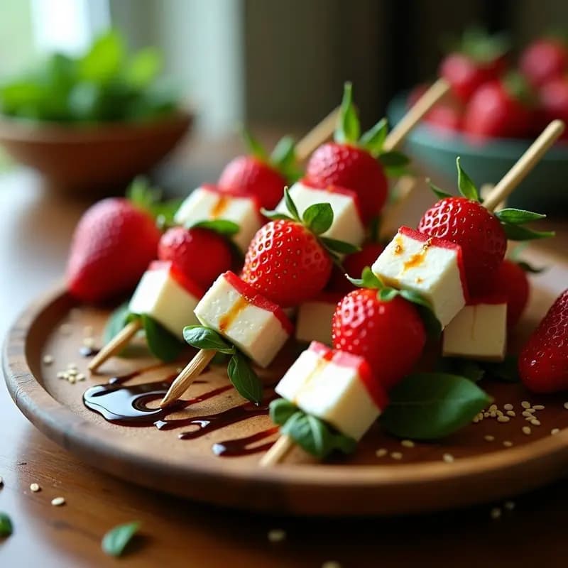Brochetas de Fresa, Mozzarella y Albahaca con Sirope de Balsámico: Postre Caprese Dulce-Salado