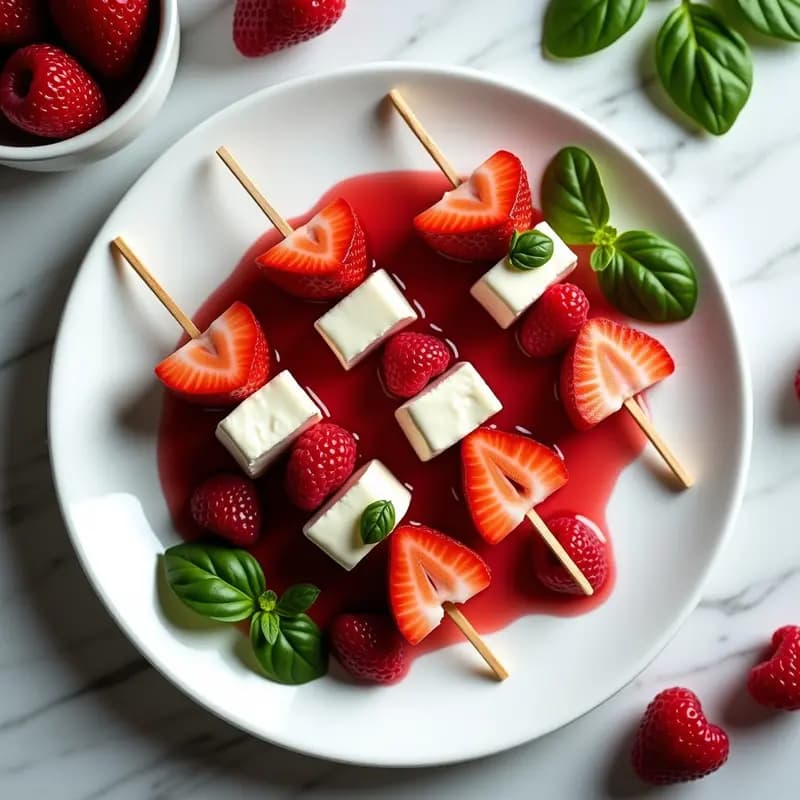 Brochetas de Fresa, Mozzarella y Albahaca con Vinagreta de Frambuesa: Postre Italiano