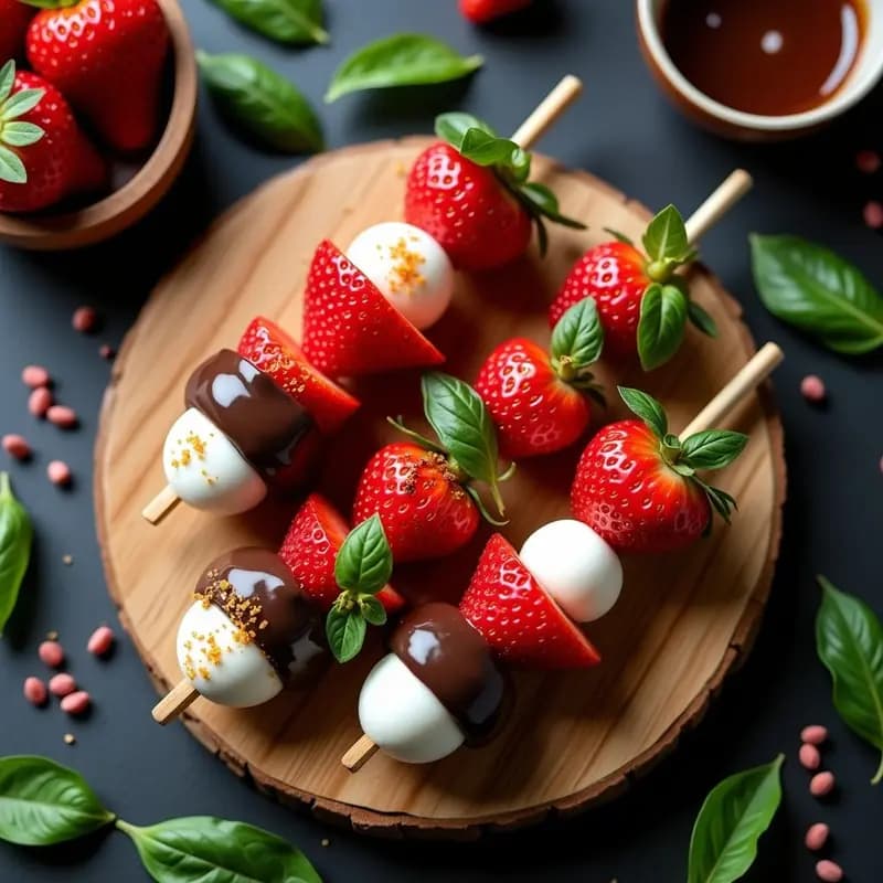 Brochetas de Fresa y Mozzarella con Baño de Chocolate Negro: Postre Caprese en Versión Dulce