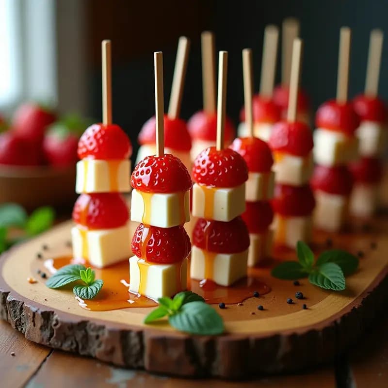 Brochetas de Fresa y Queso de Almendras con Drizzle de Miel y Pimienta Negra: Postre Dulce-Salado Irresistible