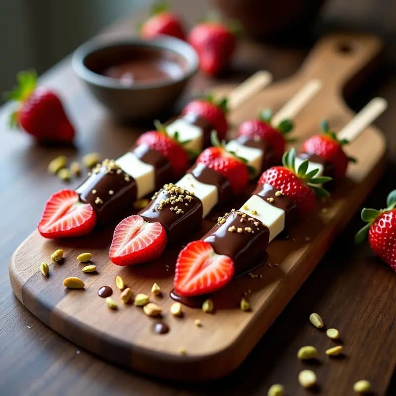 Brochetas de Fresa y Queso de Cabra con Baño de Chocolate Negro 90%: Postre Francés Dulce-Salado