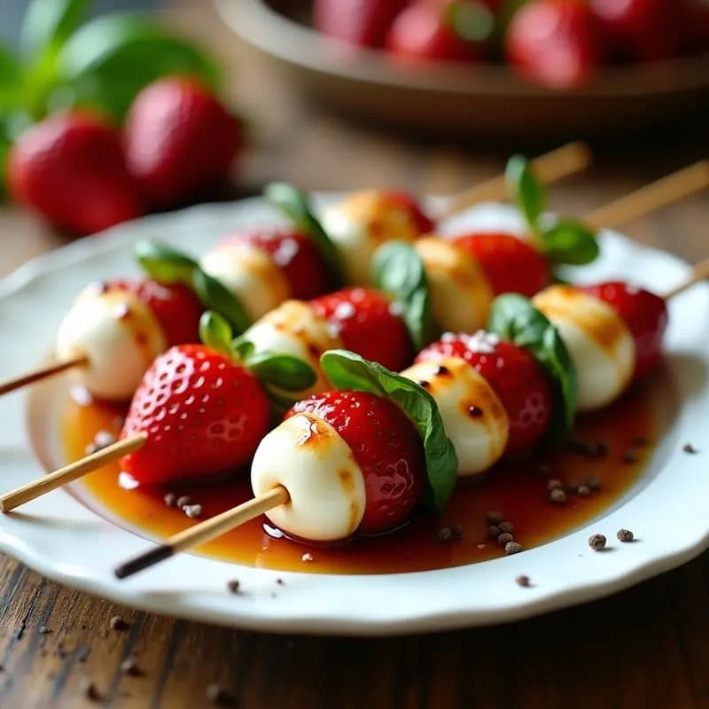 Brochetas de Fresas, Mozzarella y Albahaca con Glaseado de Balsámico: Receta Italiana Dulce-Salada en Airfryer