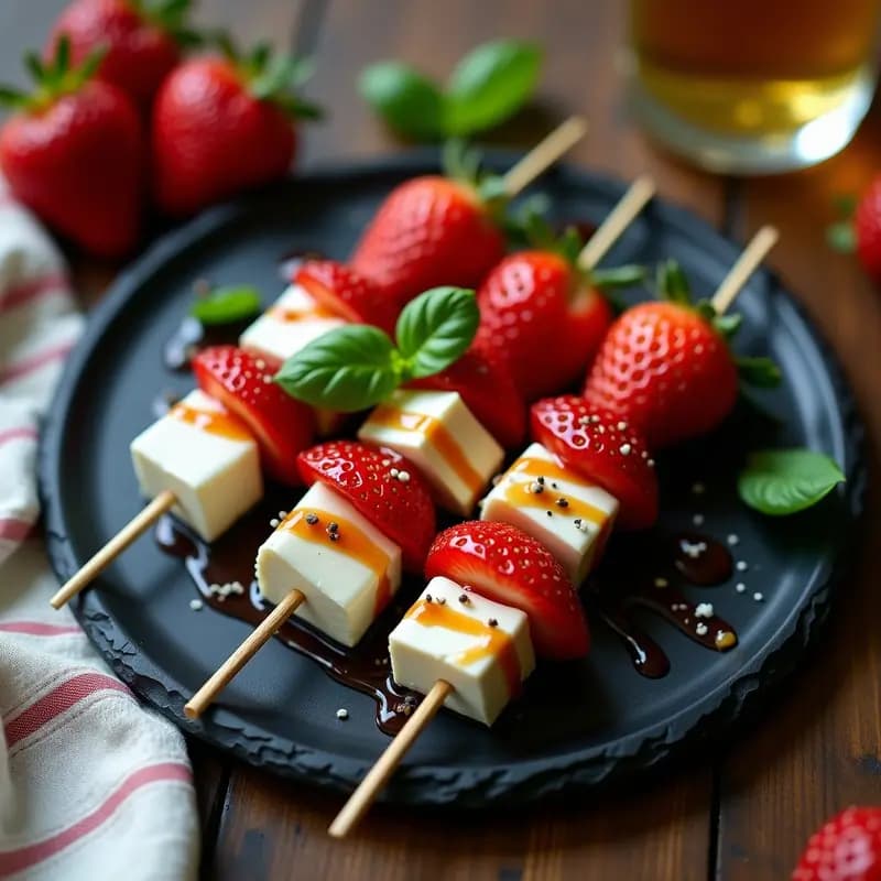 Brochetas de Fresas y Mozzarella con Salsa de Vinagre Balsámico: Postre o Entrante Italiano
