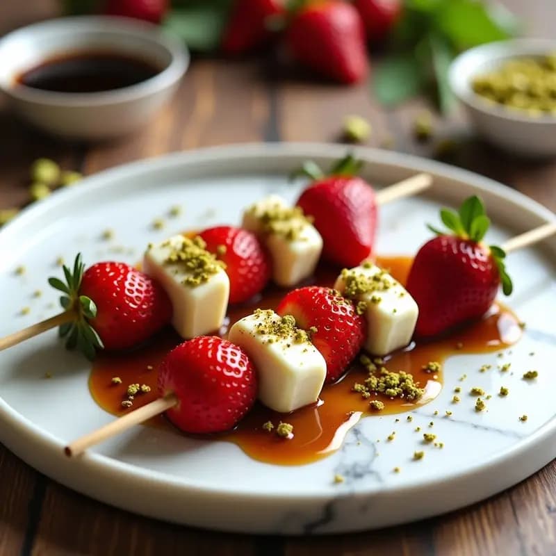 Brochetas de Fresas y Mozzarella con Baño de Chocolate Blanco y Pistachos: Postre Dulce-Salado en 10 Minutos