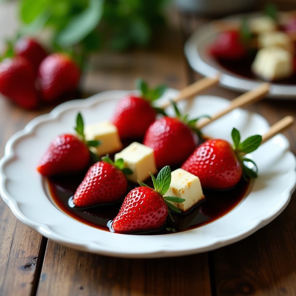 Brochetas de Fresas y Queso Brie con Sirope de Balsámico: Postre Dulce-Salado en 15 Minutos