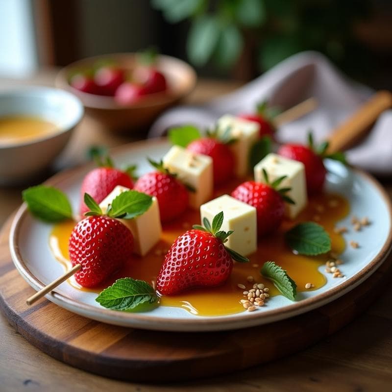 Brochetas de Fresas y Queso de Cabra con Miel de Agave: Postre Rápido y Sin Horno