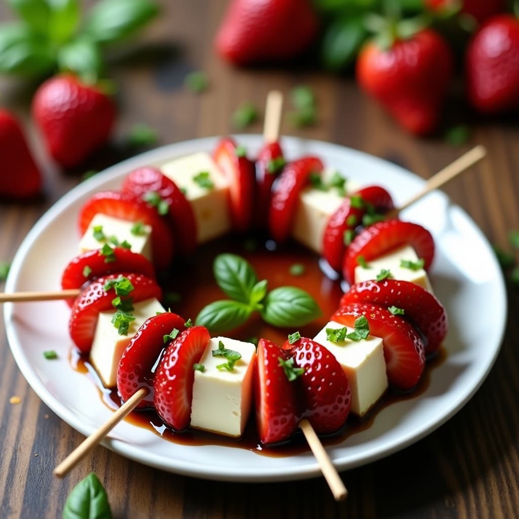 Brochetas de Fresas y Queso de Cabra con Vinagreta de Albahaca: Postre Italiano Dulce-Salado