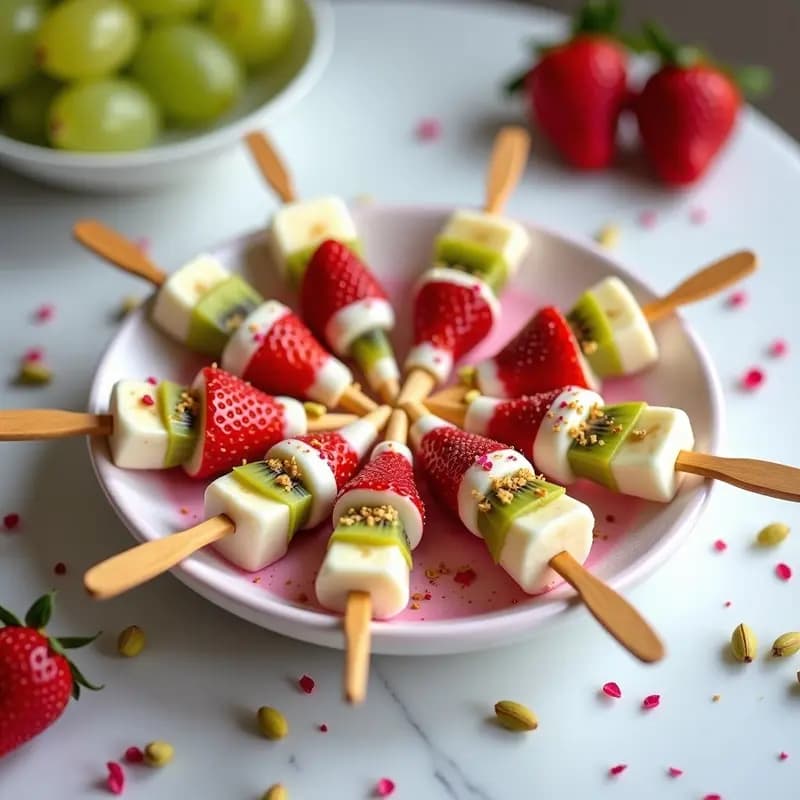 Brochetas de Fruta con Baño de Chocolate Blanco y Polvo de Flores de Hibisco