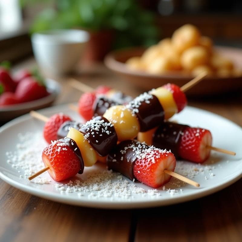 Brochetas de Fruta con Chocolate Negro y Coco: Postre Saludable Sin Azúcar en 10 Minutos