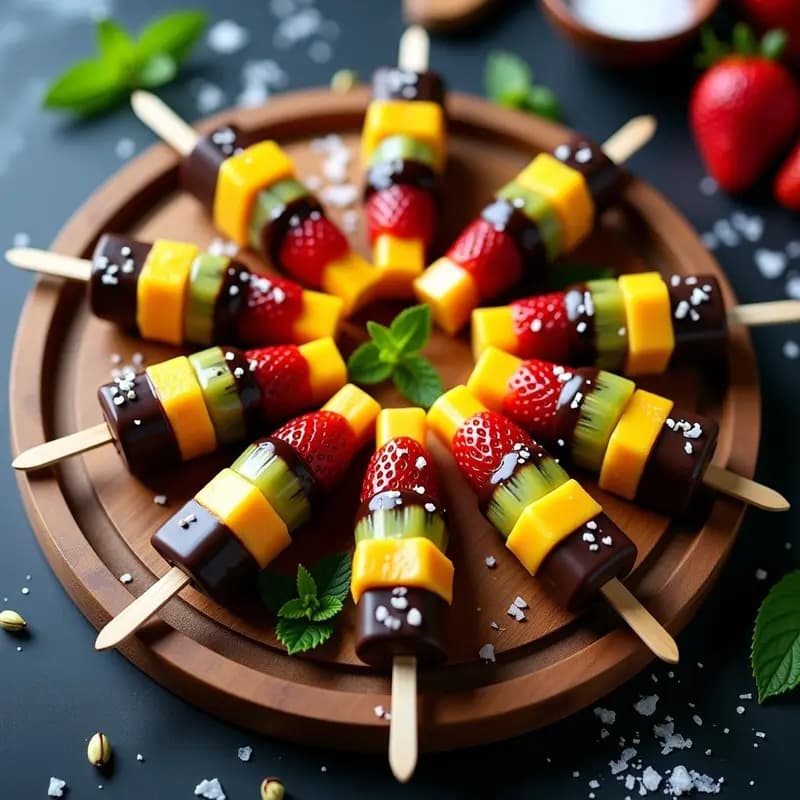 Brochetas de Fruta con Chocolate Negro y Flor de Sal: Postre Elegante en 5 Minutos