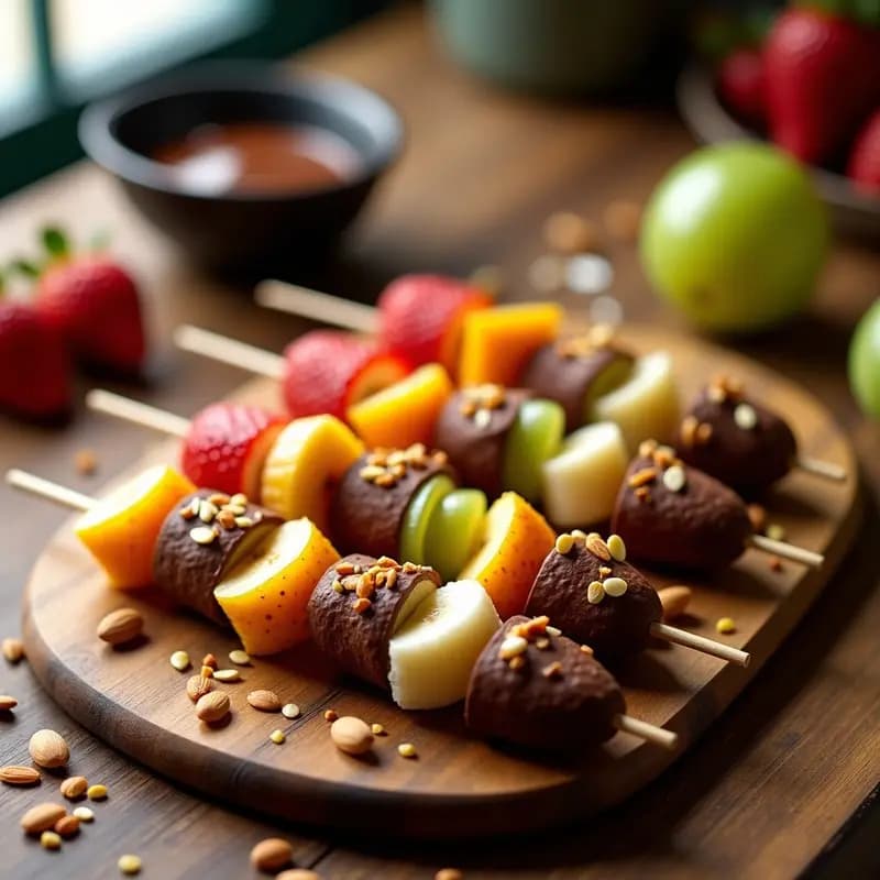 Brochetas de Fruta con Chocolate 100% y Crunch de Semillas: Postre Fitness Sin Azúcar y Crujiente