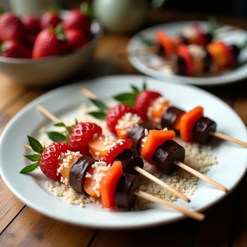 Brochetas de Frutas con Chocolate y Coco: Postre Mexicano Keto en 10 Minutos