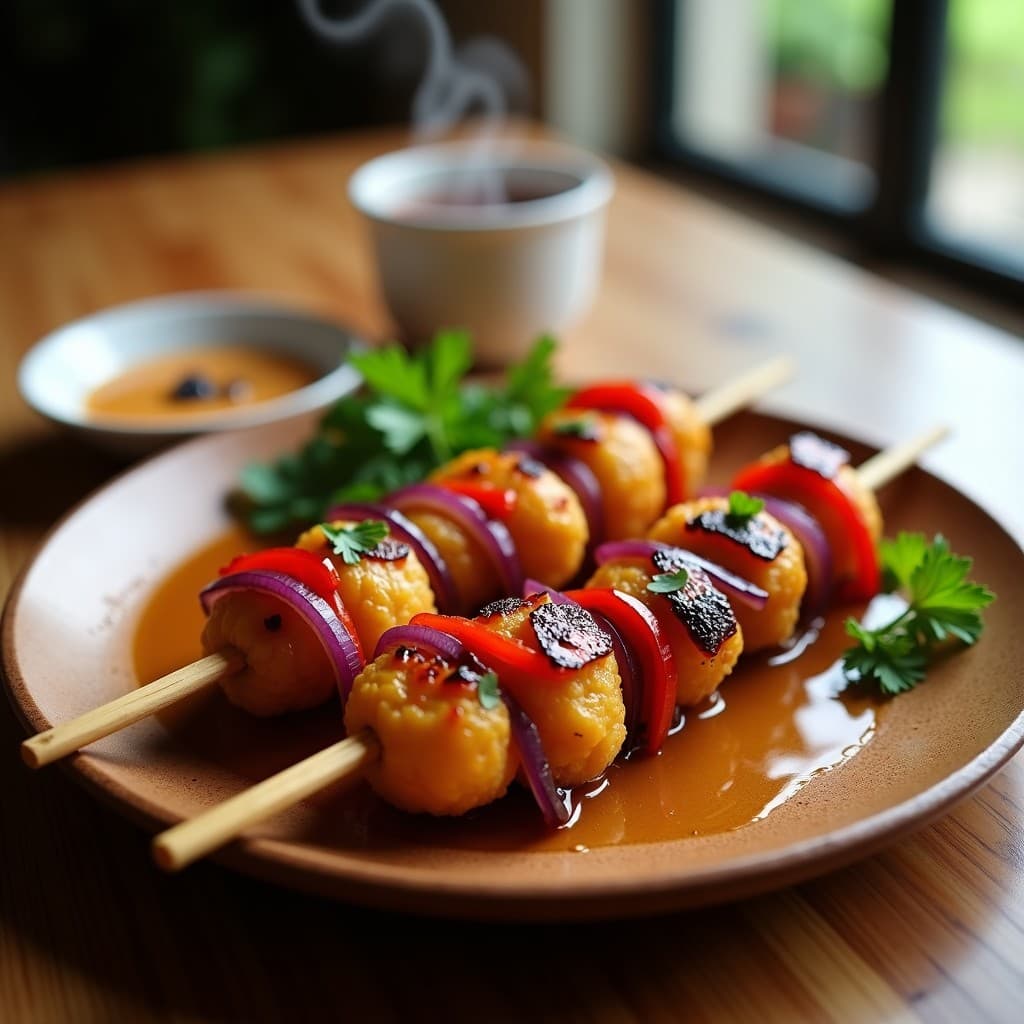 Brochetas de Gam Según con Salsa de Granadilla: Receta Árabe Vegana en Airfryer