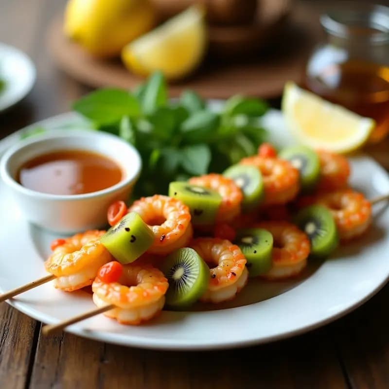 Brochetas de Gambas y Kiwi con Salsa de Miel y Limón: Receta en Airfryer Dulce-Salada