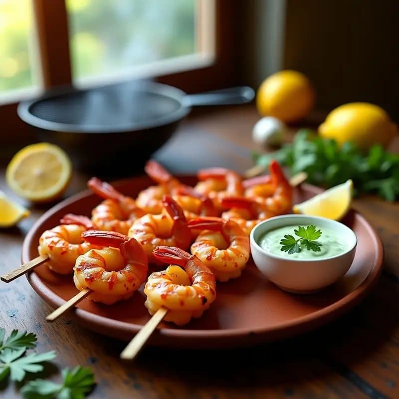 Brochetas de Gambas Marinadas en Limón y Ajo con Salsa de Cilantro: Receta Española en Grill