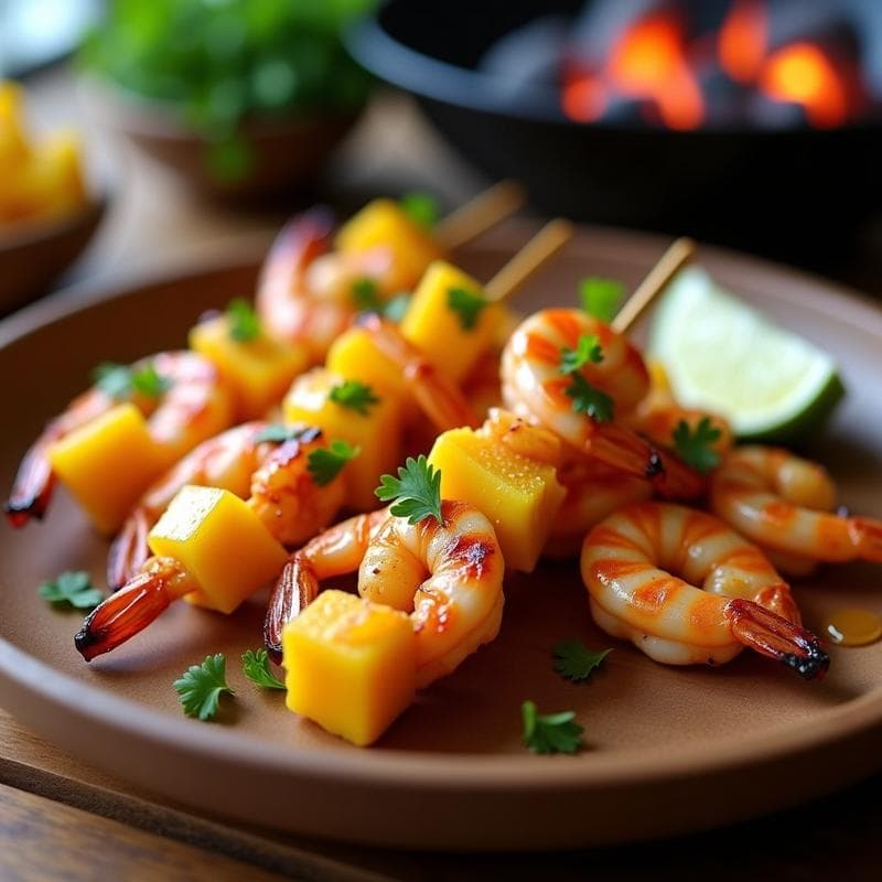 Brochetas de Gambas y Mango con Glaseado de Miel y Lima: Receta en Grill Rápida y Gourmet