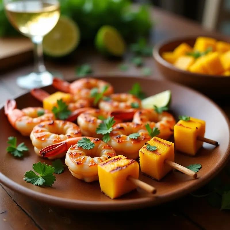 Brochetas de Gambas y Mango con Marinada de Limón y Cilantro: Receta Peruana en Grill