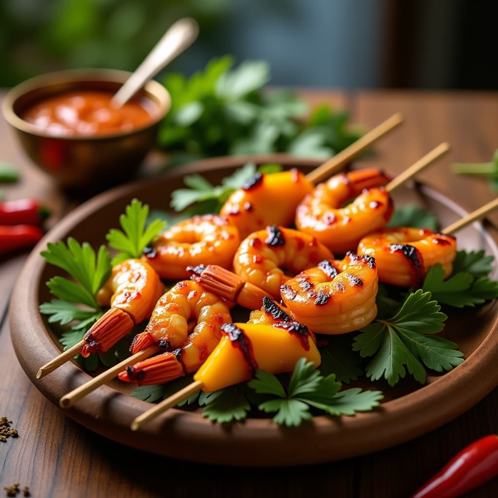 Brochetas de Gambas y Mango con Salsa de Tamarindo: Receta India en Grill y Dulce-Picante