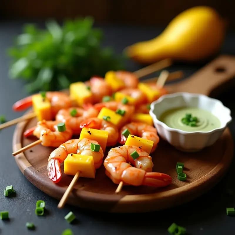 Brochetas de Gambas y Mango con Salsa de Wasabi: Aperitivo Asiático en 10 Minutos