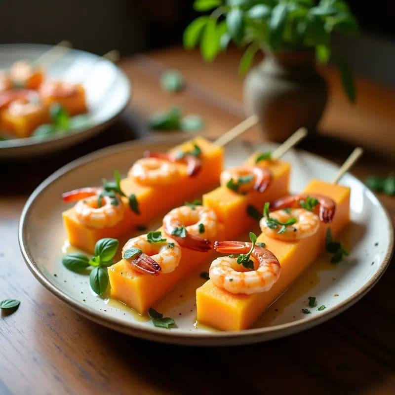 Brochetas de Gambas y Melón Cantalupo: Receta Italiana en Grill con Vinagreta de Albahaca
