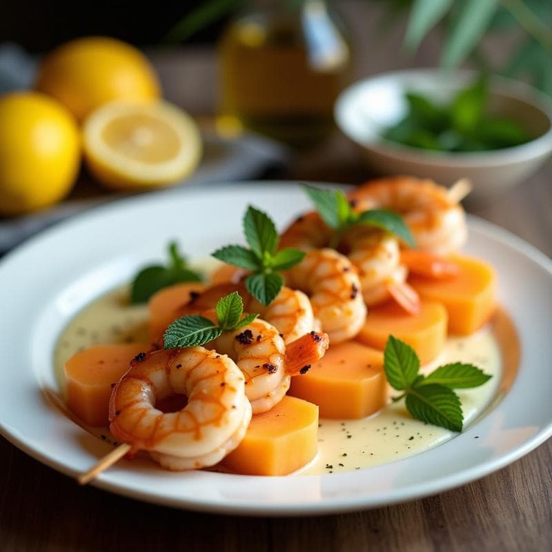 Brochetas de Gambas y Melón Cantalupo: Receta al Grill con Salsa de Menta y Limón