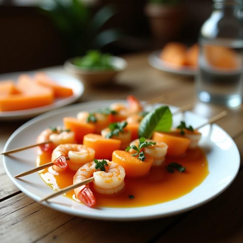 Brochetas de Gambas y Melón Cantalupo con Salsa de Verbena: Receta Francesa en Airfryer