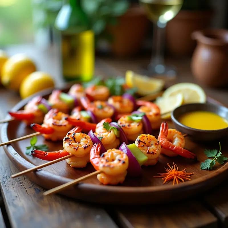 Brochetas de gambas con Mojo de Azafrán y Limón: Receta Española en Grill para Fiestas