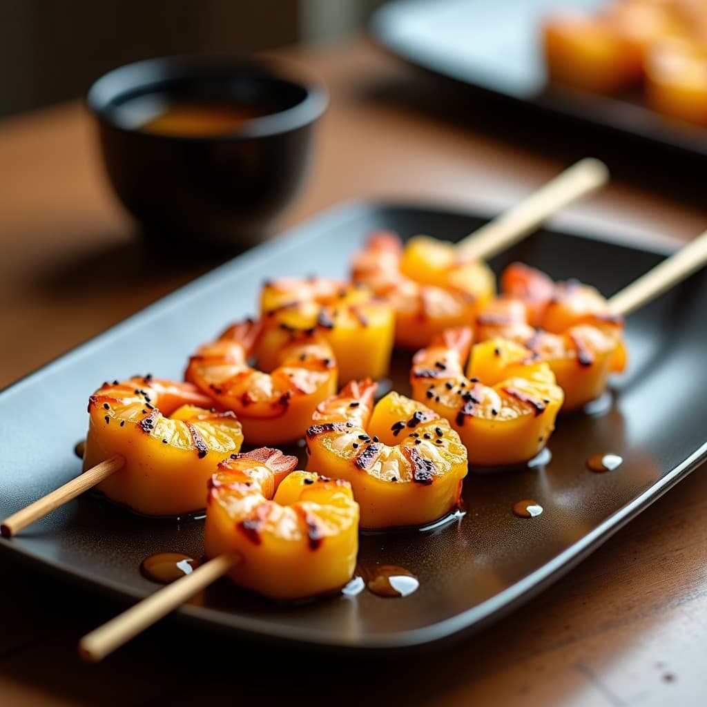 Brochetas de Gambas y Piña con Glaseado de Miel de Yuzu: Aperitivo Japonés en 12 Minutos