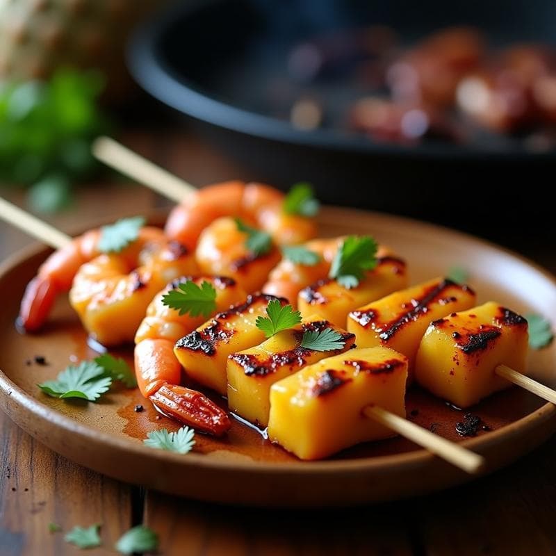 Brochetas de gambas y piña al satay: Receta de mariscos en grill con toque exótico