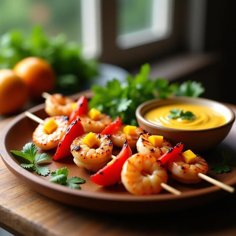 Brochetas de gambas marinadas con salsa de mango y cilantro: Receta internacional en aire libre