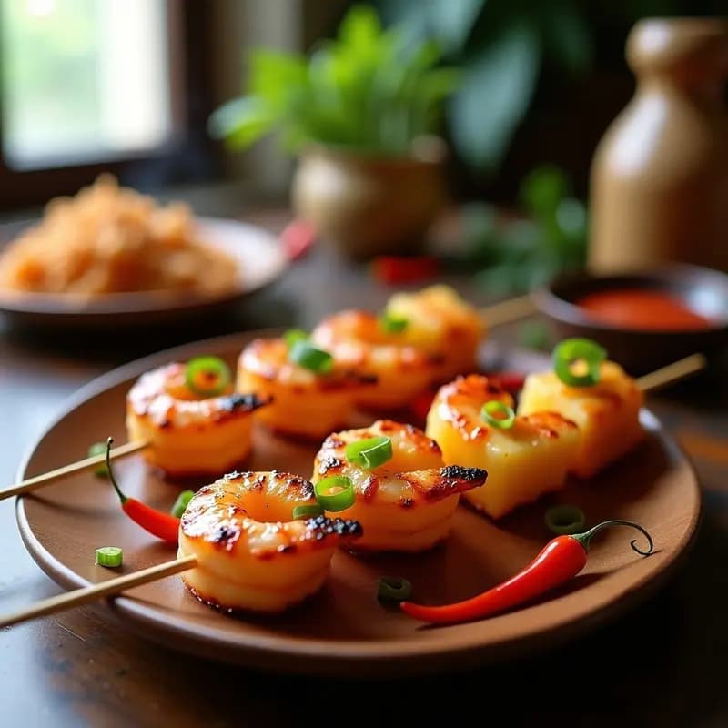 Brochetas de Gamberas y Piña con Salsa de Chile y Miel: Receta tailandesa Dulce-Picante
