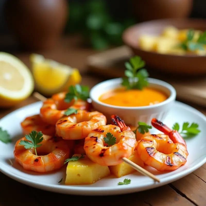 Brochetas de Gambero Rojo y Piña: Receta Española de Fusion con Salsa de Mango y Chile