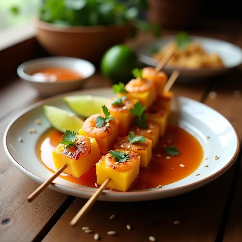 Brochetas de Gamberones y Mango con Salsa de Tamarindo: Receta Tailandesa en Airfryer Crujiente y Dulce