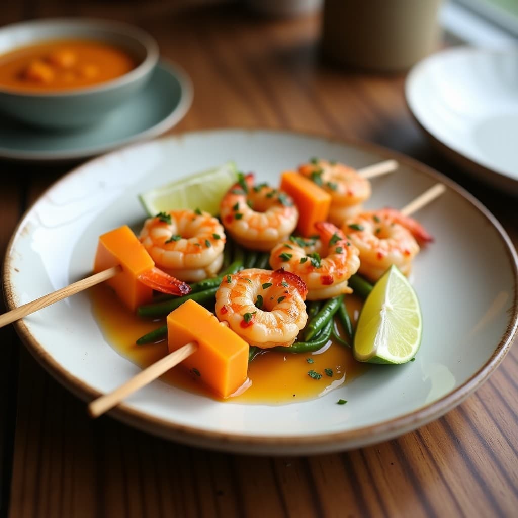 Brochetas de Gamberones y Melón Cantalupo con Glaseado de Miel y Lima: Entrante Dulce-Salado