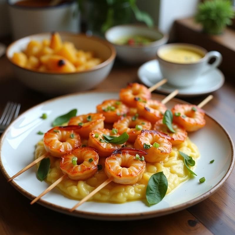 Brochetas de Gamberones y Piña al Curry: Receta Tailandesa en Airfryer con Salsa de Coco
