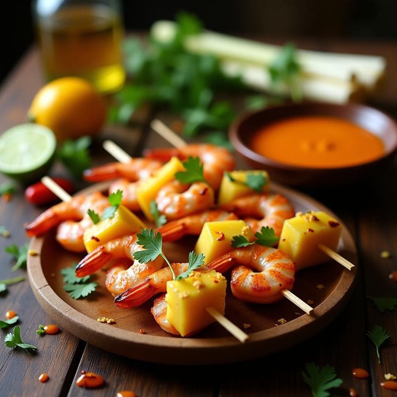 Brochetas de Gamberones con Piña y Salsa de Mango Habanero: Receta Tailandesa al Grill