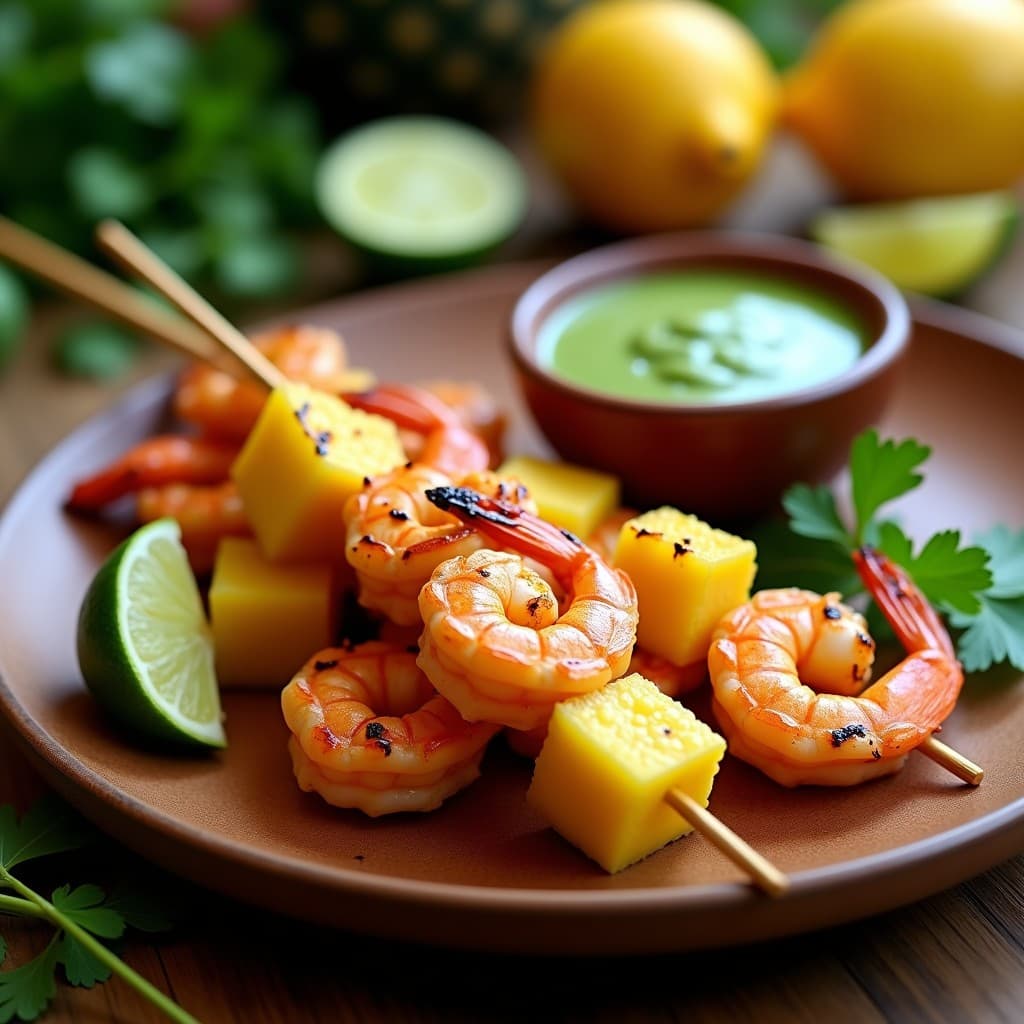 Brochetas de Gamberones y Piña con Salsa de Limón y Cilantro: Receta Caribaña en 15 Minutos