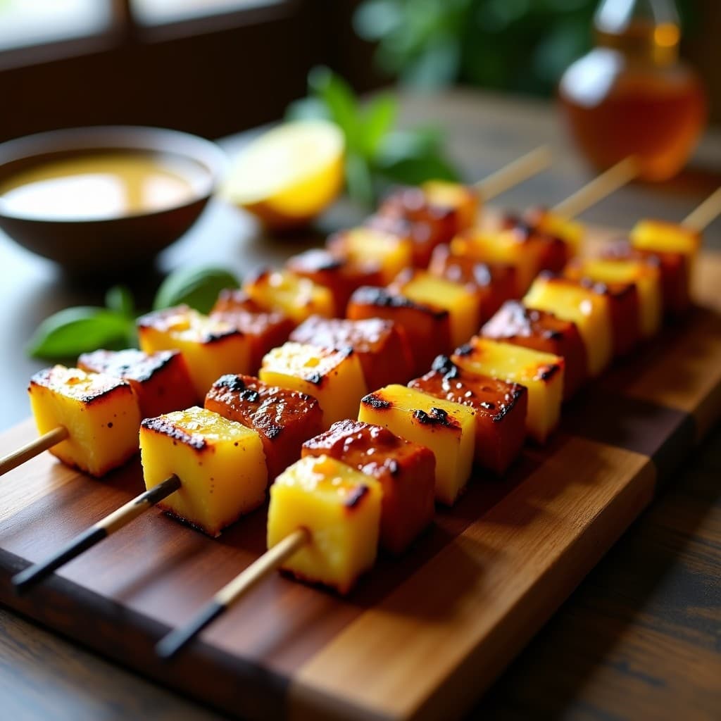 Brochetas de gambling y Ananás con Salsa de Miel y Mostaza: Receta Sur-Africana en Grill
